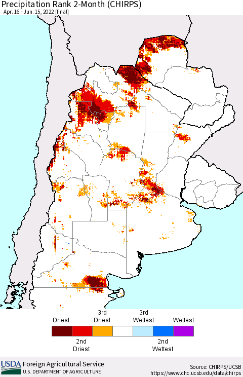 Southern South America Precipitation Rank since 1981, 2-Month (CHIRPS) Thematic Map For 4/16/2022 - 6/15/2022