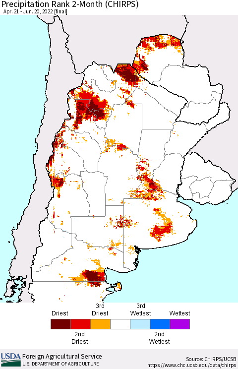 Southern South America Precipitation Rank since 1981, 2-Month (CHIRPS) Thematic Map For 4/21/2022 - 6/20/2022
