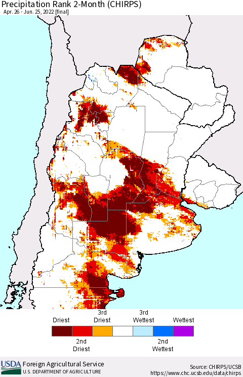 Southern South America Precipitation Rank 2-Month (CHIRPS) Thematic Map For 4/26/2022 - 6/25/2022