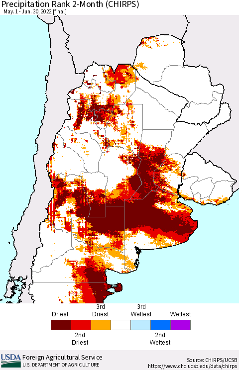 Southern South America Precipitation Rank 2-Month (CHIRPS) Thematic Map For 5/1/2022 - 6/30/2022