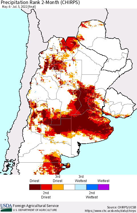 Southern South America Precipitation Rank 2-Month (CHIRPS) Thematic Map For 5/6/2022 - 7/5/2022