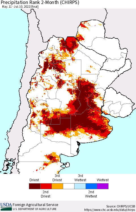 Southern South America Precipitation Rank 2-Month (CHIRPS) Thematic Map For 5/11/2022 - 7/10/2022