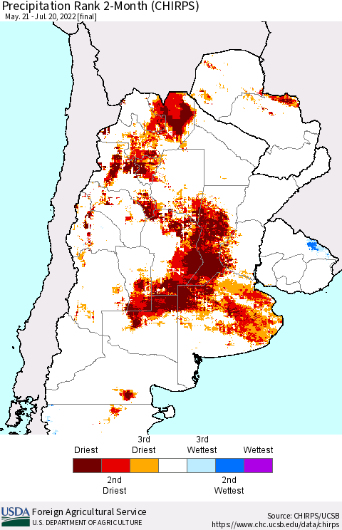 Southern South America Precipitation Rank 2-Month (CHIRPS) Thematic Map For 5/21/2022 - 7/20/2022
