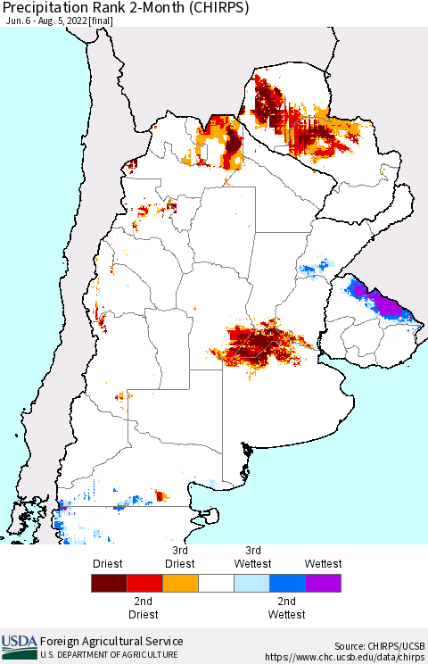 Southern South America Precipitation Rank 2-Month (CHIRPS) Thematic Map For 6/6/2022 - 8/5/2022