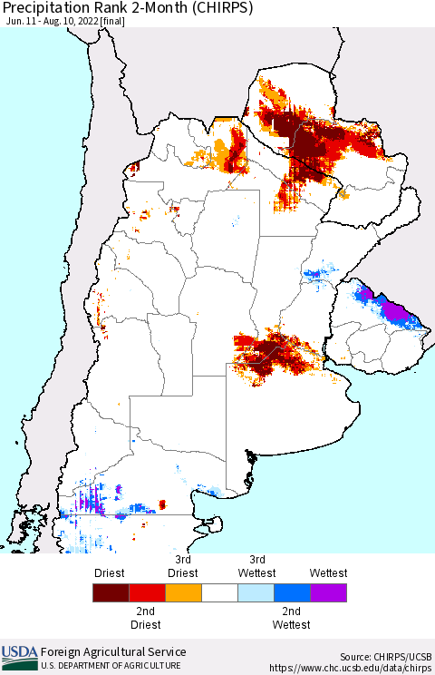 Southern South America Precipitation Rank 2-Month (CHIRPS) Thematic Map For 6/11/2022 - 8/10/2022