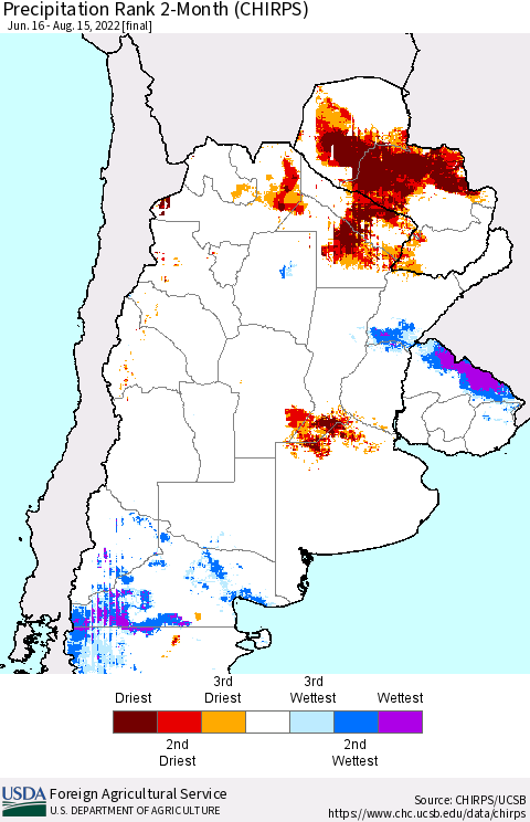 Southern South America Precipitation Rank 2-Month (CHIRPS) Thematic Map For 6/16/2022 - 8/15/2022