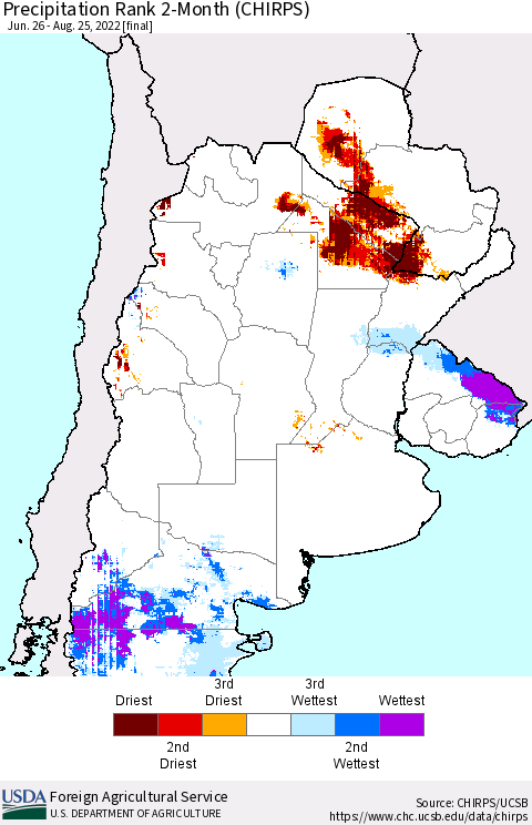 Southern South America Precipitation Rank 2-Month (CHIRPS) Thematic Map For 6/26/2022 - 8/25/2022