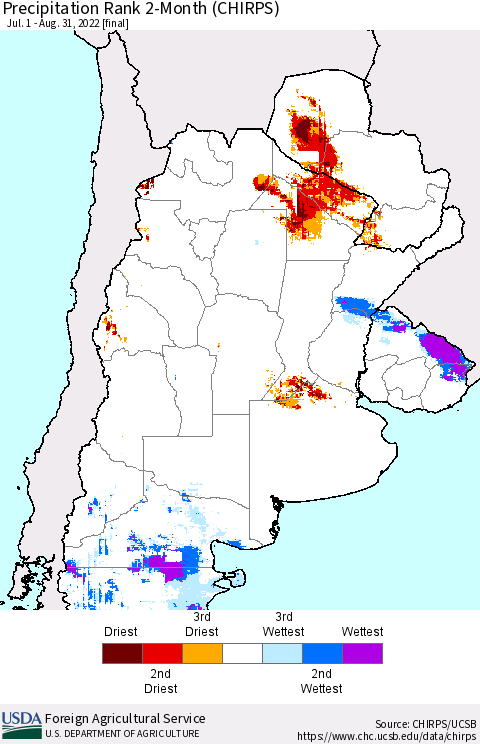 Southern South America Precipitation Rank 2-Month (CHIRPS) Thematic Map For 7/1/2022 - 8/31/2022