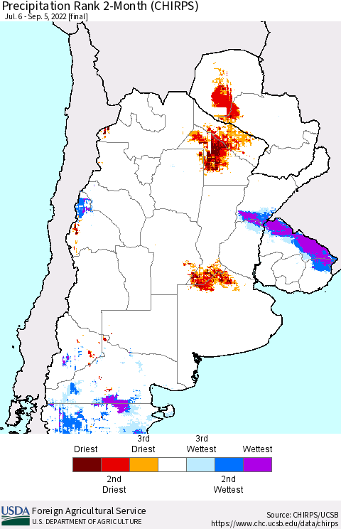 Southern South America Precipitation Rank since 1981, 2-Month (CHIRPS) Thematic Map For 7/6/2022 - 9/5/2022