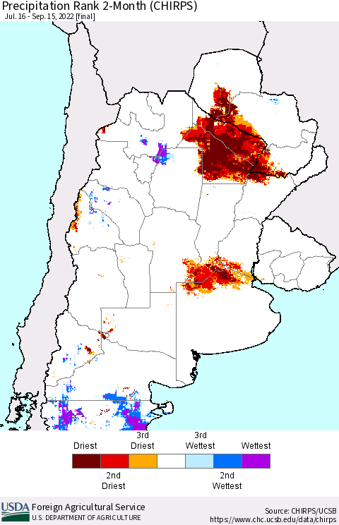 Southern South America Precipitation Rank since 1981, 2-Month (CHIRPS) Thematic Map For 7/16/2022 - 9/15/2022