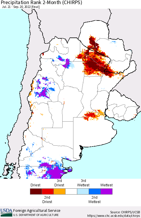 Southern South America Precipitation Rank 2-Month (CHIRPS) Thematic Map For 7/21/2022 - 9/20/2022