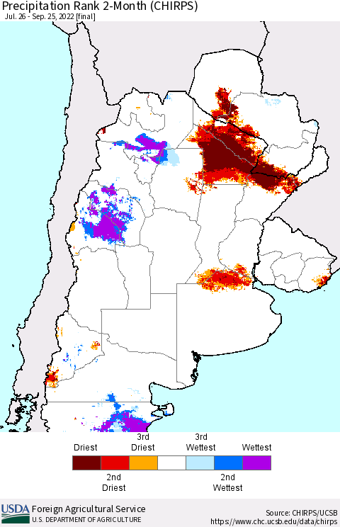 Southern South America Precipitation Rank 2-Month (CHIRPS) Thematic Map For 7/26/2022 - 9/25/2022