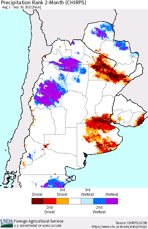 Southern South America Precipitation Rank 2-Month (CHIRPS) Thematic Map For 8/1/2022 - 9/30/2022
