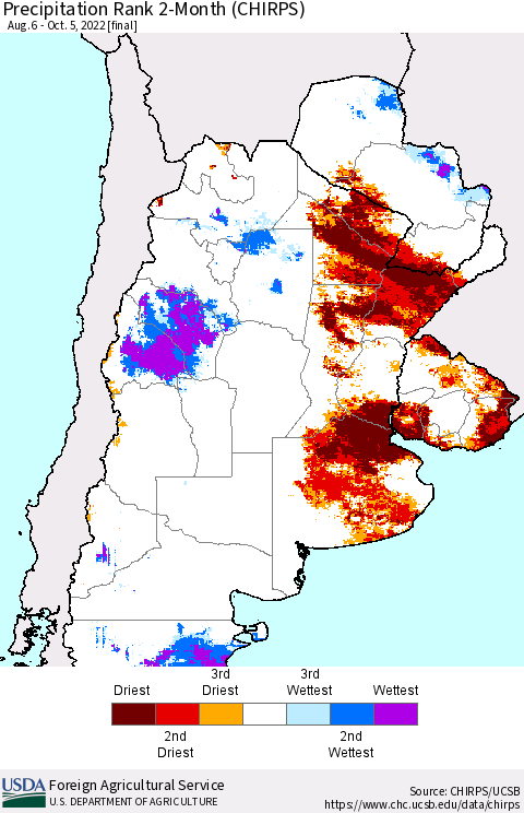 Southern South America Precipitation Rank 2-Month (CHIRPS) Thematic Map For 8/6/2022 - 10/5/2022