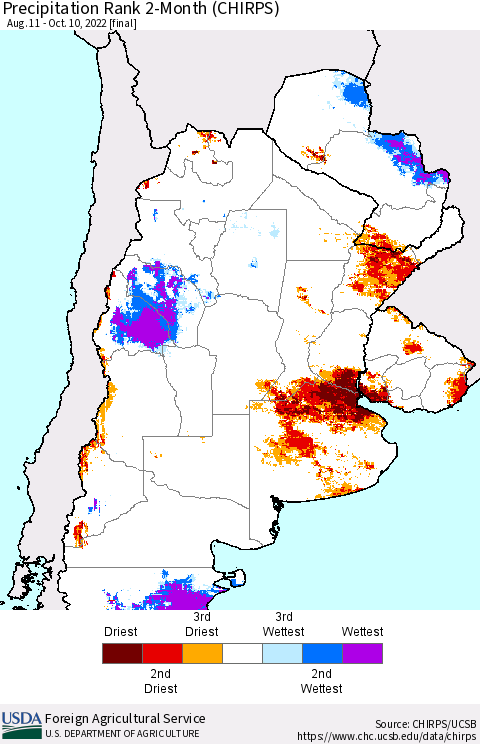 Southern South America Precipitation Rank 2-Month (CHIRPS) Thematic Map For 8/11/2022 - 10/10/2022