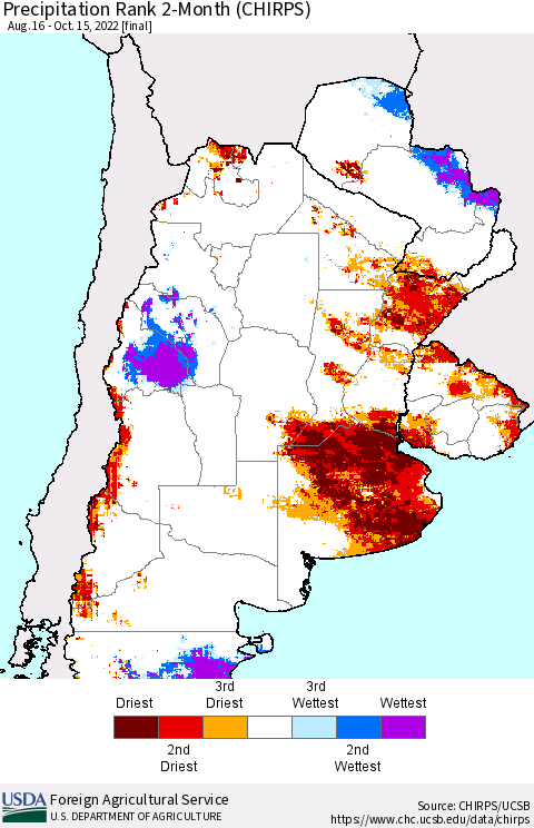 Southern South America Precipitation Rank since 1981, 2-Month (CHIRPS) Thematic Map For 8/16/2022 - 10/15/2022