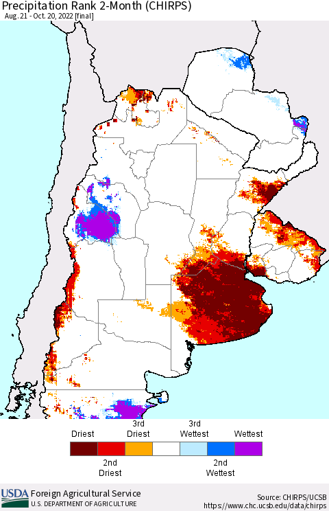 Southern South America Precipitation Rank 2-Month (CHIRPS) Thematic Map For 8/21/2022 - 10/20/2022