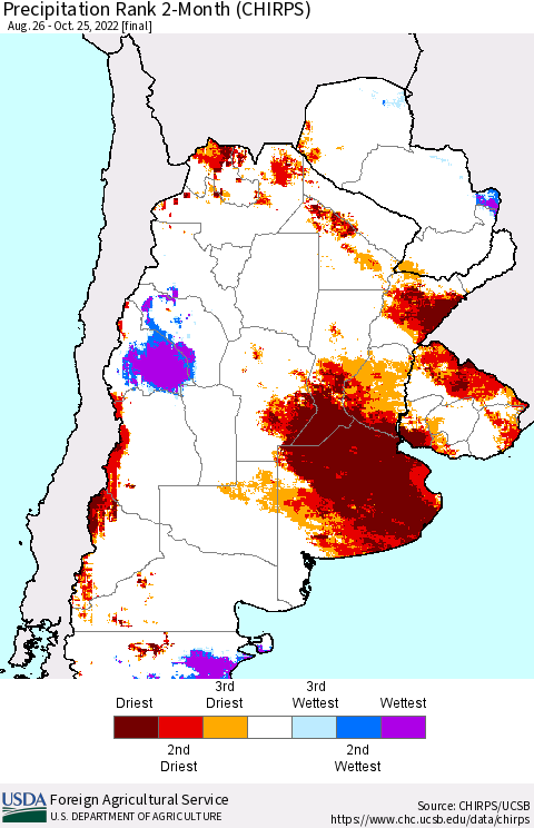 Southern South America Precipitation Rank 2-Month (CHIRPS) Thematic Map For 8/26/2022 - 10/25/2022