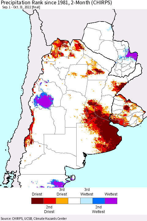 Southern South America Precipitation Rank since 1981, 2-Month (CHIRPS) Thematic Map For 9/1/2022 - 10/31/2022