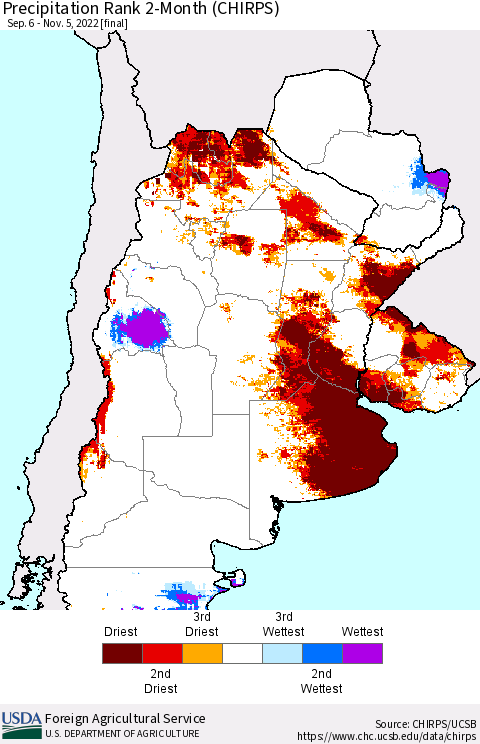 Southern South America Precipitation Rank 2-Month (CHIRPS) Thematic Map For 9/6/2022 - 11/5/2022