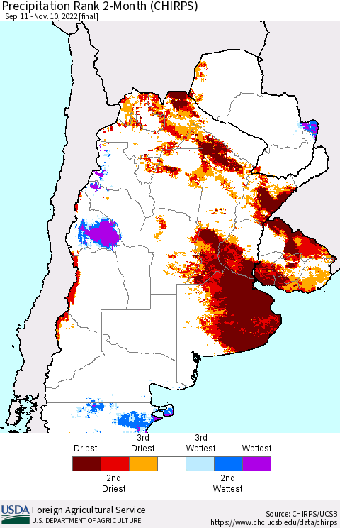 Southern South America Precipitation Rank since 1981, 2-Month (CHIRPS) Thematic Map For 9/11/2022 - 11/10/2022