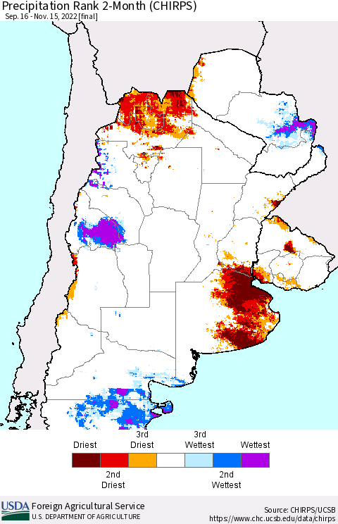 Southern South America Precipitation Rank 2-Month (CHIRPS) Thematic Map For 9/16/2022 - 11/15/2022