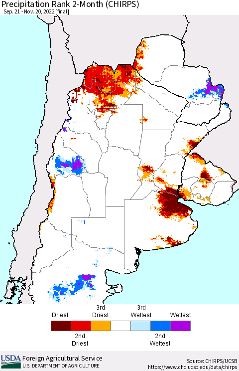 Southern South America Precipitation Rank 2-Month (CHIRPS) Thematic Map For 9/21/2022 - 11/20/2022