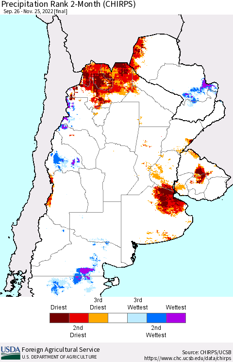 Southern South America Precipitation Rank 2-Month (CHIRPS) Thematic Map For 9/26/2022 - 11/25/2022