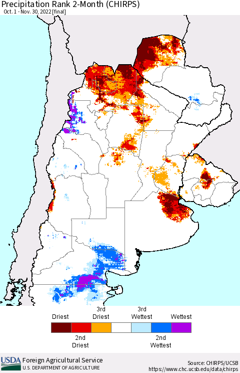 Southern South America Precipitation Rank 2-Month (CHIRPS) Thematic Map For 10/1/2022 - 11/30/2022