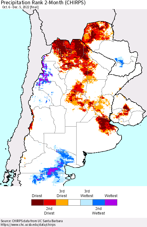 Southern South America Precipitation Rank since 1981, 2-Month (CHIRPS) Thematic Map For 10/6/2022 - 12/5/2022