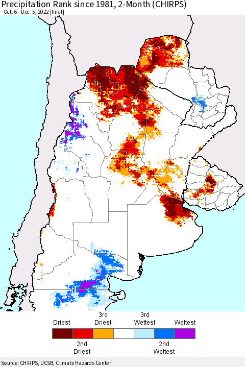 Southern South America Precipitation Rank since 1981, 2-Month (CHIRPS) Thematic Map For 10/6/2022 - 12/5/2022