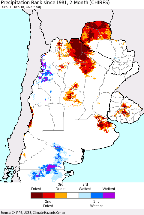 Southern South America Precipitation Rank since 1981, 2-Month (CHIRPS) Thematic Map For 10/11/2022 - 12/10/2022