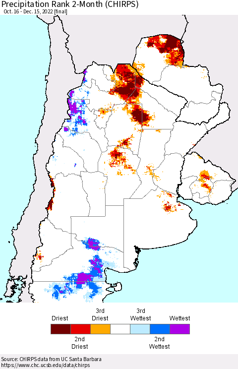 Southern South America Precipitation Rank 2-Month (CHIRPS) Thematic Map For 10/16/2022 - 12/15/2022