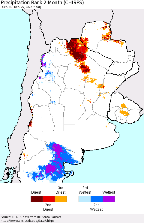 Southern South America Precipitation Rank 2-Month (CHIRPS) Thematic Map For 10/26/2022 - 12/25/2022