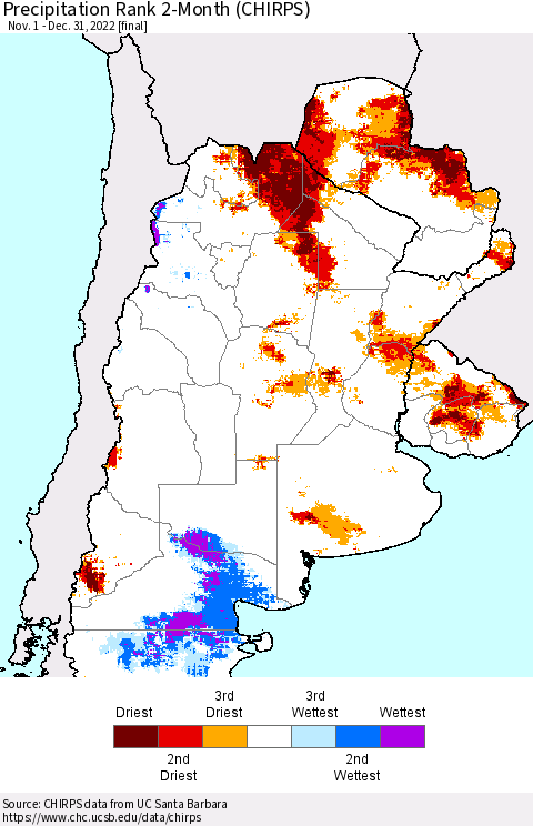 Southern South America Precipitation Rank 2-Month (CHIRPS) Thematic Map For 11/1/2022 - 12/31/2022