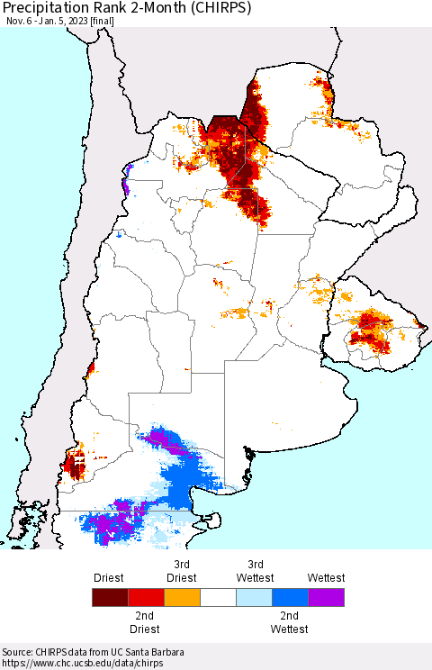 Southern South America Precipitation Rank 2-Month (CHIRPS) Thematic Map For 11/6/2022 - 1/5/2023