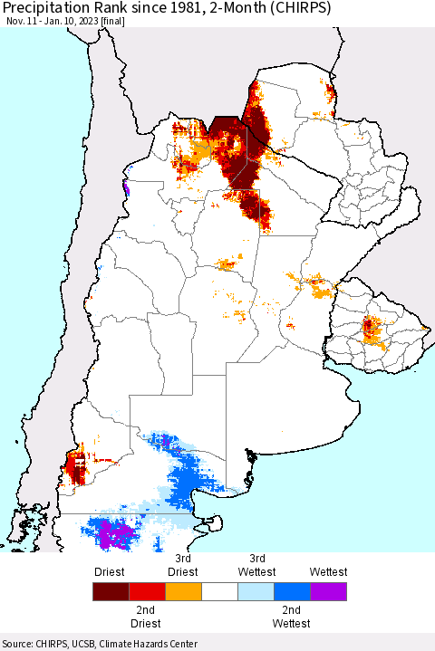 Southern South America Precipitation Rank since 1981, 2-Month (CHIRPS) Thematic Map For 11/11/2022 - 1/10/2023