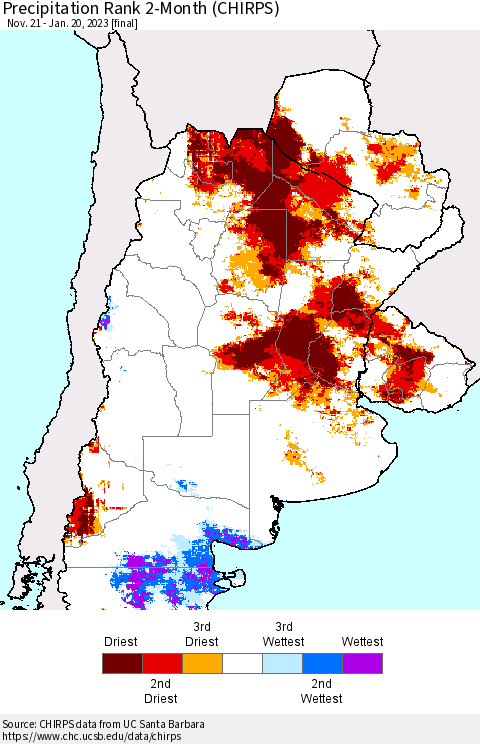 Southern South America Precipitation Rank 2-Month (CHIRPS) Thematic Map For 11/21/2022 - 1/20/2023