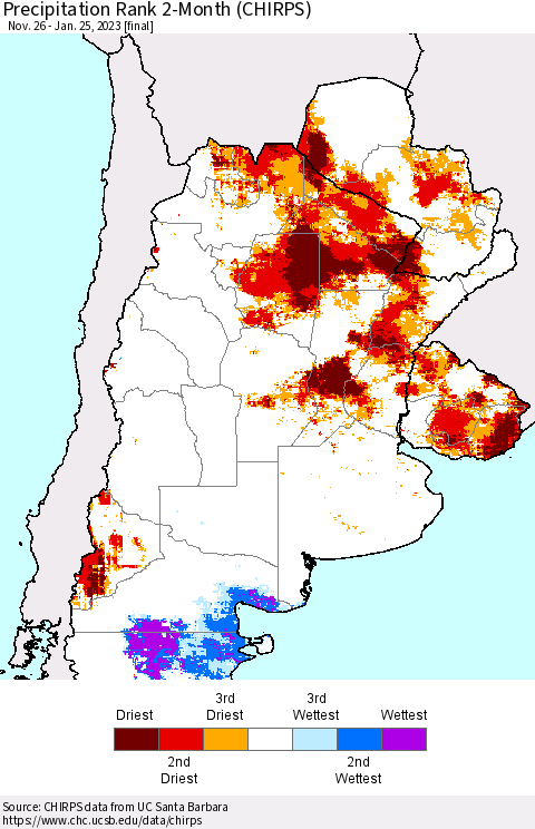 Southern South America Precipitation Rank 2-Month (CHIRPS) Thematic Map For 11/26/2022 - 1/25/2023
