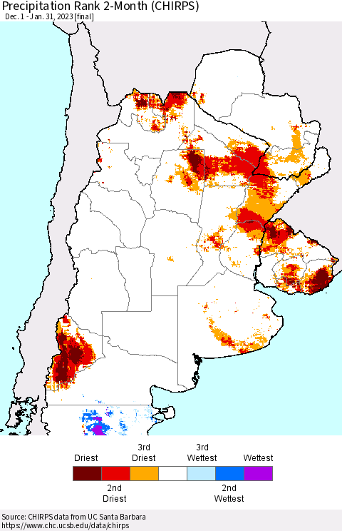 Southern South America Precipitation Rank 2-Month (CHIRPS) Thematic Map For 12/1/2022 - 1/31/2023