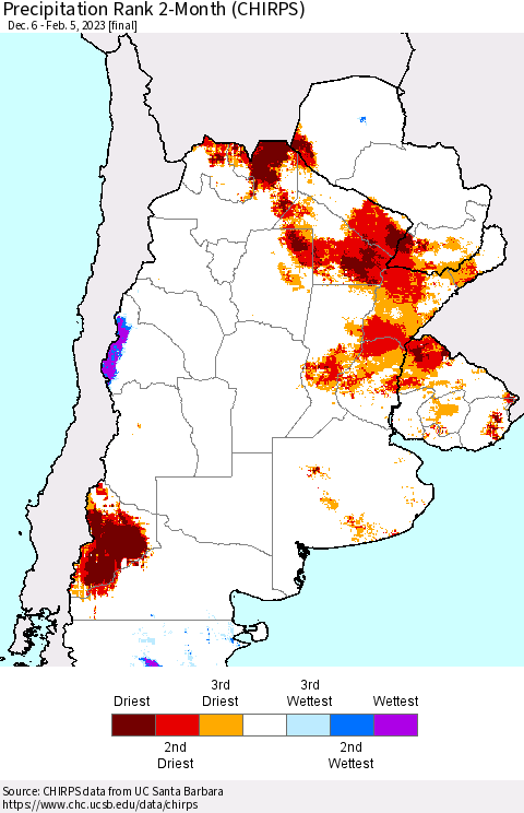 Southern South America Precipitation Rank 2-Month (CHIRPS) Thematic Map For 12/6/2022 - 2/5/2023