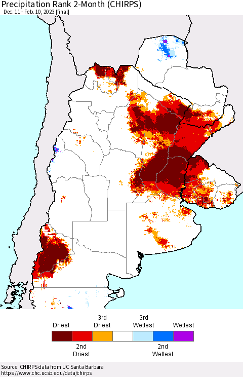 Southern South America Precipitation Rank 2-Month (CHIRPS) Thematic Map For 12/11/2022 - 2/10/2023