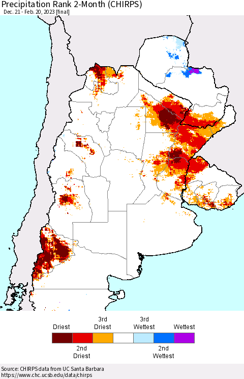 Southern South America Precipitation Rank 2-Month (CHIRPS) Thematic Map For 12/21/2022 - 2/20/2023