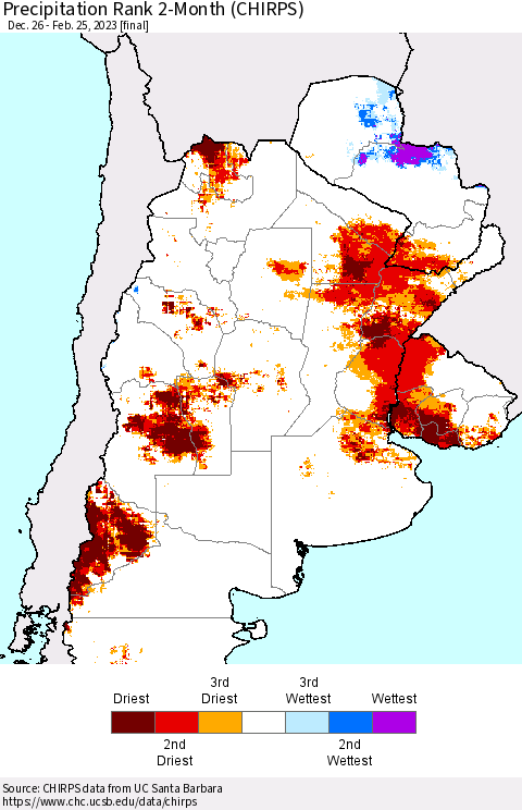 Southern South America Precipitation Rank 2-Month (CHIRPS) Thematic Map For 12/26/2022 - 2/25/2023