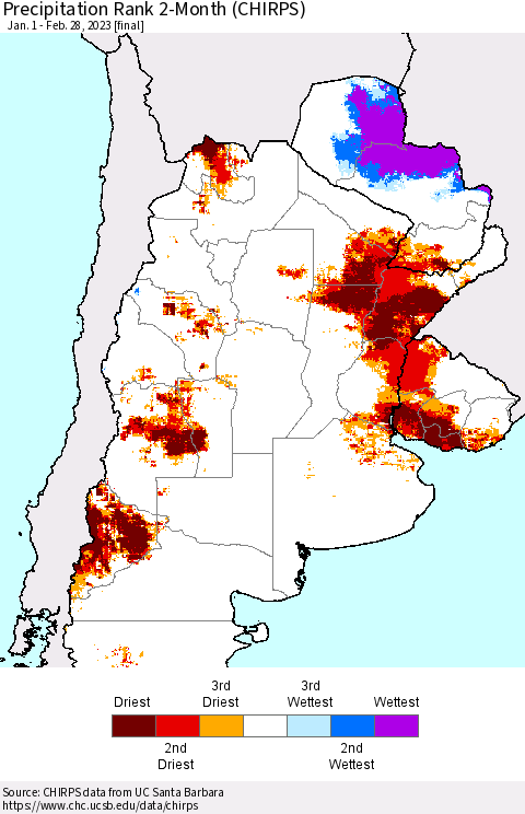 Southern South America Precipitation Rank since 1981, 2-Month (CHIRPS) Thematic Map For 1/1/2023 - 2/28/2023