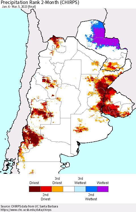 Southern South America Precipitation Rank since 1981, 2-Month (CHIRPS) Thematic Map For 1/6/2023 - 3/5/2023