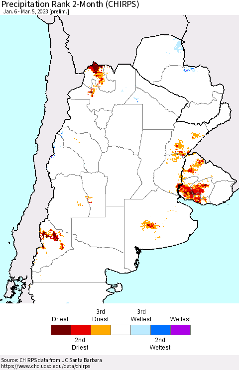 Southern South America Precipitation Rank 2-Month (CHIRPS) Thematic Map For 1/6/2023 - 3/5/2023