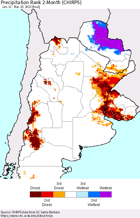 Southern South America Precipitation Rank since 1981, 2-Month (CHIRPS) Thematic Map For 1/11/2023 - 3/10/2023