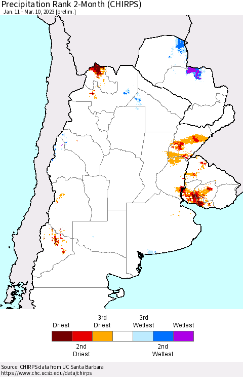 Southern South America Precipitation Rank 2-Month (CHIRPS) Thematic Map For 1/11/2023 - 3/10/2023