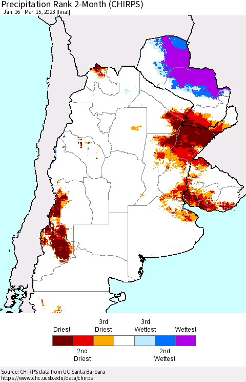 Southern South America Precipitation Rank since 1981, 2-Month (CHIRPS) Thematic Map For 1/16/2023 - 3/15/2023